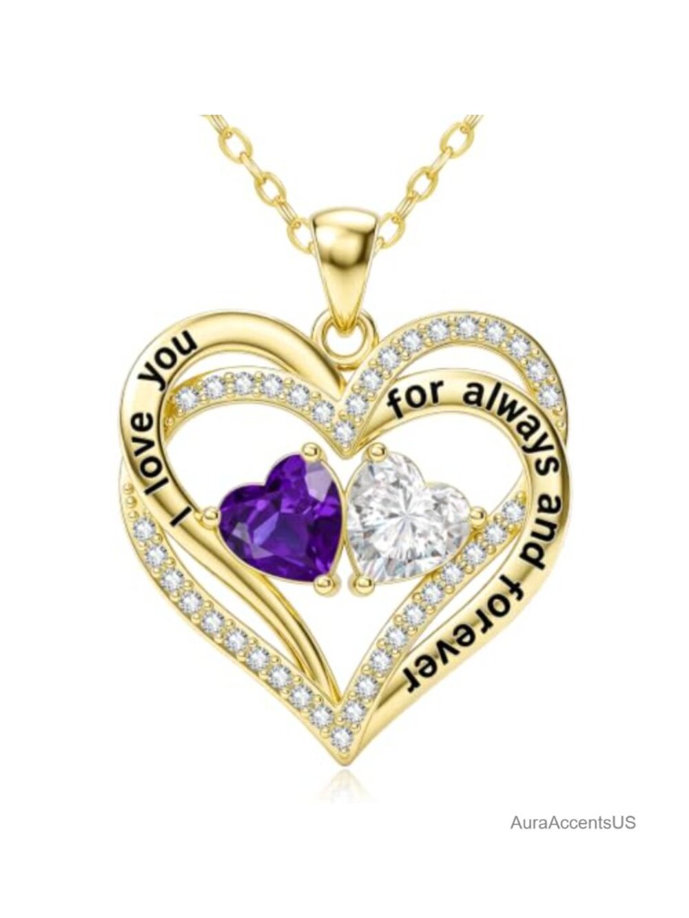 14K Gold Double Heart Birthstone Pendant Necklace 18+2" Adjustable